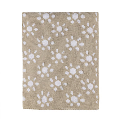 Flat lay view of the Knitted Chenille Blanket in Taupe Sunflower, showcasing a repeat pattern of white and taupe sunflower motifs with a solid ribbed border.
