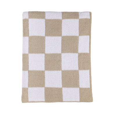 Flat lay view of the Knitted Chenille Blanket in Taupe Check, featuring a modern neutral taupe and white checkered pattern.