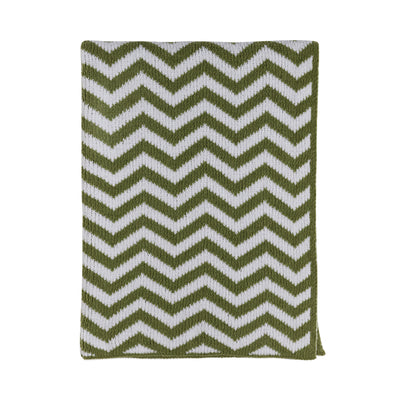 Flat lay view of the Knitted Chenille Blanket in Sage Chevron, showing the full sage green and white zig-zag chevron pattern.