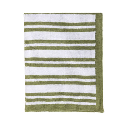 Flat lay view of the Knitted Chenille Blanket in Sage Stripes, showing the full green and white striped pattern and solid sage green border.