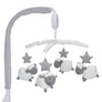 Musical Mobile in Sheep style, featuring white plush sheep and gray textured stars hanging from a fabric-covered crossbar with a gray and white striped arm sleeve.