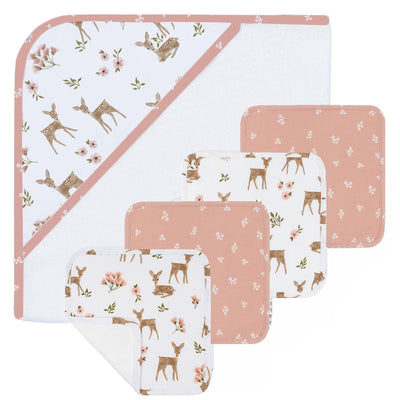 5-piece baby bath gift set in Sophia's Garden style, featuring a white hooded towel with a pink-bordered watercolor fawn and floral hood, paired with four matching cotton washcloths in coordinating deer and dusty rose butterfly prints.