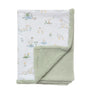 Jersey Sherpa Blanket in Goosey Goosey style, showing the white jersey side with a cute goose and pond print folded back to reveal a soft sage green sherpa fleece lining.
