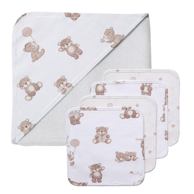 5-piece baby bath gift set in Cuddly Bear style, featuring a white hooded towel with an illustrated brown teddy bear pattern and four matching patterned baby washcloths.