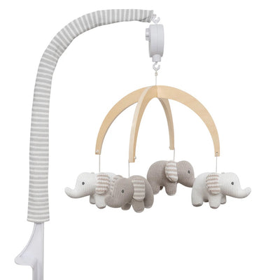Musical Mobile in Elephant Heritage style featuring plush grey and white elephants hanging from a wooden crossbar arm with a fabric-covered stand.