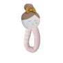 Studio shot of the "Emma Ballerina" cotton knitted baby rattle, featuring a round doll head with brown hair in a bun styled with a mustard yellow bow, embroidered sleeping eyes, pink cheeks, and an attached ring-shaped pink and white striped grip handle.