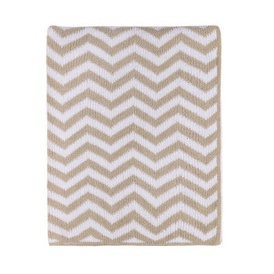 Flat lay view of the Knitted Chenille Blanket in Taupe Chevron, showing the full classic neutral taupe and white zig-zag chevron pattern.