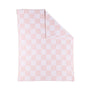 Folded corner of a Pink Check Knitted Chenille Blanket against a white background, showing the premium texture of the soft knit fabric.