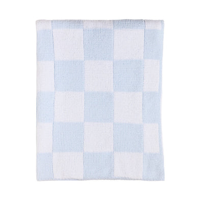Flat lay view of the Knitted Chenille Blanket in Blue Check, featuring a classic pastel baby blue and white checkered pattern.