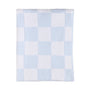Flat lay view of the Knitted Chenille Blanket in Blue Check, featuring a classic pastel baby blue and white checkered pattern.
