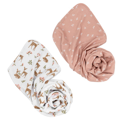 Two-pack of baby jersey swaddle blankets featuring one white wrap printed with watercolor fawns and pink flowers, and a second coordinating dusty rose wrap with a minimalist white butterfly pattern.
