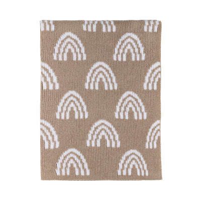 Flat lay view of the full Knitted Chenille Blanket in Taupe Rainbow, displaying the repeat pattern of abstract taupe rainbows on a soft, natural background.