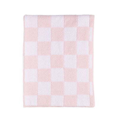 Flat lay view of the Knitted Chenille Blanket in Pink Check, featuring a classic pastel pink and white checkered pattern.
