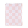 Flat lay view of the Knitted Chenille Blanket in Pink Check, featuring a classic pastel pink and white checkered pattern.