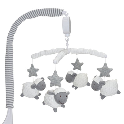 Musical Mobile in Sheep style, featuring white plush sheep and gray textured stars hanging from a fabric-covered crossbar with a gray and white striped arm sleeve.
