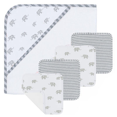 5-piece baby bath gift set in Elephant Heritage style, featuring a white hooded towel with a grey striped border and elephant print hood, alongside four coordinating cotton washcloths in matching elephant and classic grey striped patterns.
