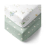 A stacked pair of folded baby bedding sheets, with the white illustrated Goosey Goosey print sheet on top of the coordinating sage green fitted crib sheet.
