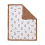 Flat lay view of the Jersey Sherpa Blanket in Cuddly Bear style, featuring a white cotton jersey top with an illustrated teddy bear print folded over to reveal a plush brown sherpa fleece backing.