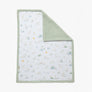 Flat lay view of the Goosey Goosey Jersey Sherpa Blanket, featuring a repeated illustrated duck and pond pattern with a solid sage green fleece backing on a folded corner.