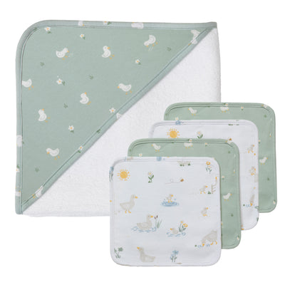 5-piece baby bath gift set in Goosey Goosey style, featuring a sage green hooded towel with a white duck pattern and four matching patterned washcloths.