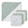5-piece baby bath gift set in Goosey Goosey style, featuring a sage green hooded towel with a white duck pattern and four matching patterned washcloths.