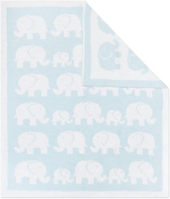 Flat lay view of the Chenille Baby Blanket in Blue Elephant style, featuring a soft pastel blue knit with white elephant silhouettes, folded at the corner to show a reverse white pattern with blue details.