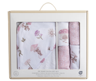 5-piece baby bath gift set in Mushroom House style, displayed in an elegant windowed retail gift box featuring a white hooded towel and four rolled, coordinating pink and white patterned washcloths.