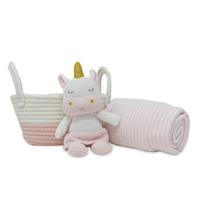 Product shot of a baby girl newborn gift basket set featuring the 