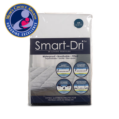 Front studio view of the Smart-Dri Waterproof Crib Mattress Protector by Living Textiles in its official clear retail packaging, highlighting its key features—waterproof, breathable, and fitted—alongside a prominent blue and gold 